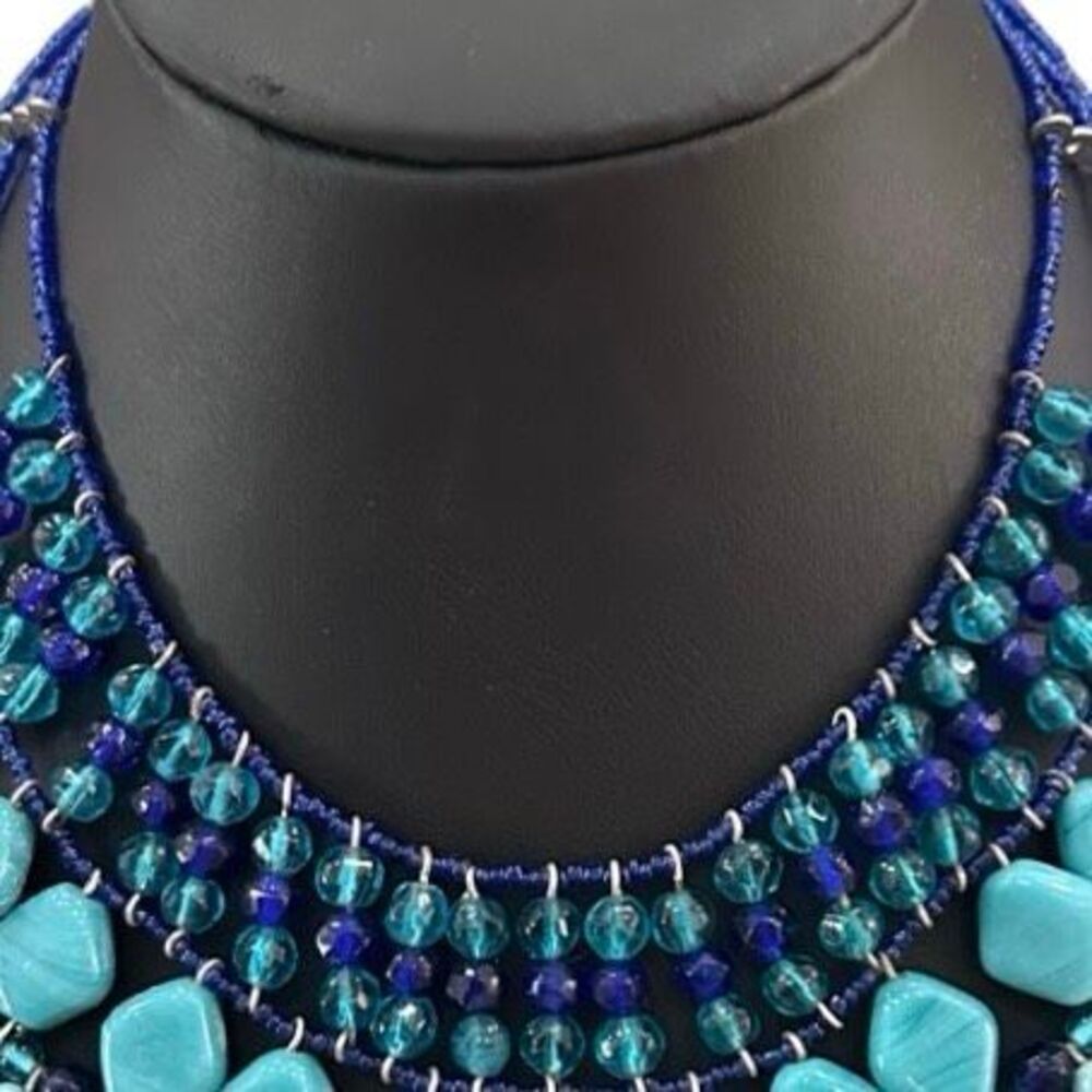 Multi strand Bib Statement Necklace Faux Turquoise & Blue Bead Tiered Waterfall - Picture 3 of 9